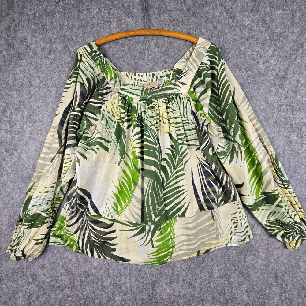 Elie Elie Tahari Blouse Womens L Green Palm Leaf Relaxed Fit Peasant Top